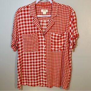 Anthropologie Maeve Bon Voyage Red Houndstooth Patchwork Motif Button Top Sz Med